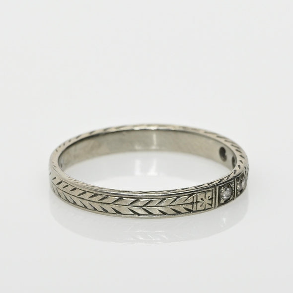 Circa 1920's 18K White Gold Diamond and Chevron Wedding Band