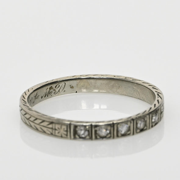 Circa 1920's 18K White Gold Diamond and Chevron Wedding Band