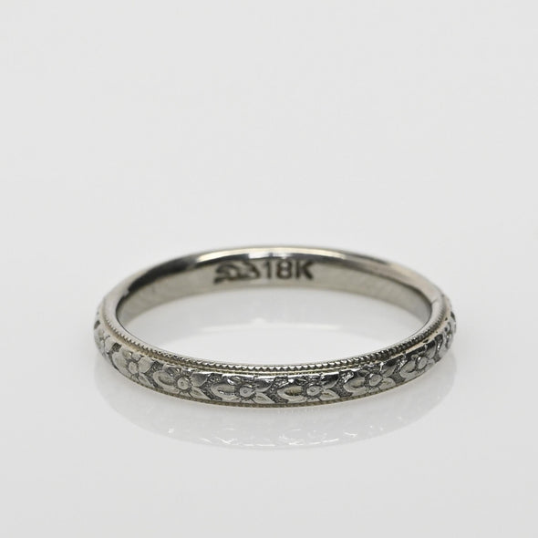 Vintage 18K White Gold Floral Milgrain Wedding Band