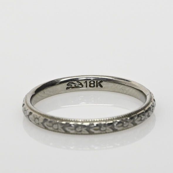 Vintage 18K White Gold Floral Milgrain Wedding Band