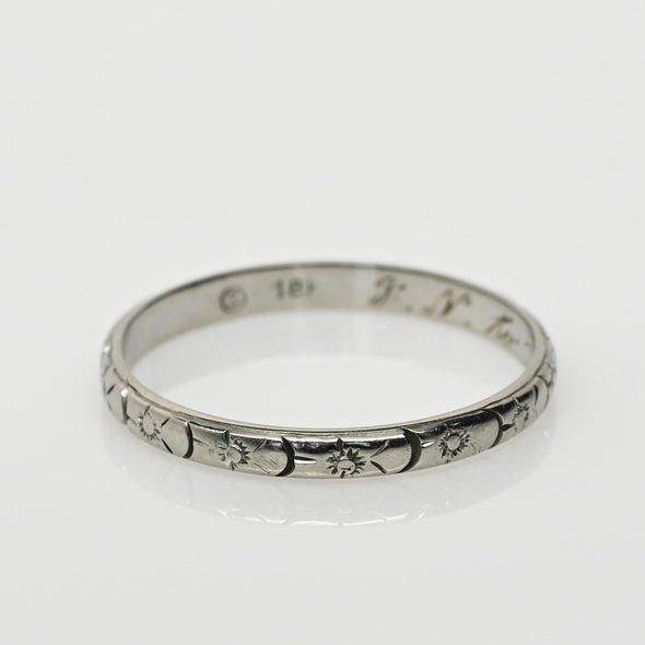 Dated 2-4-34 Floral Patterned Antique 18K White Gold Wedding Band
