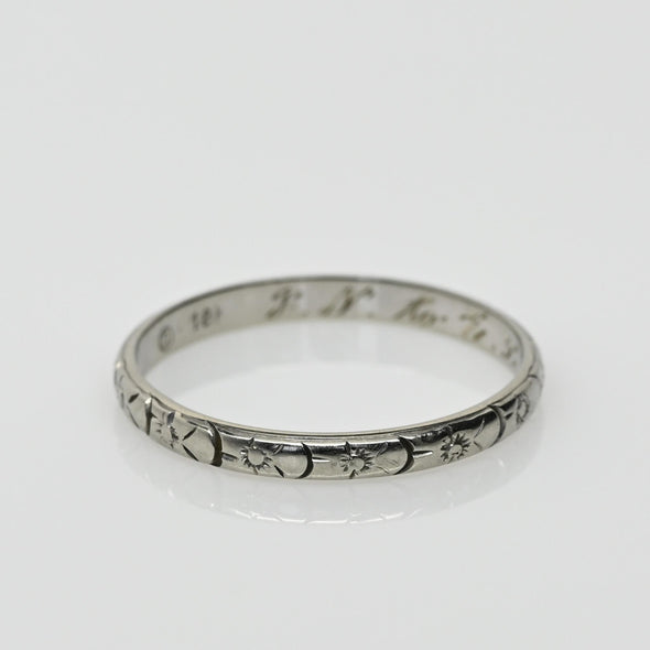 Dated 2-4-34 Floral Patterned Antique 18K White Gold Wedding Band
