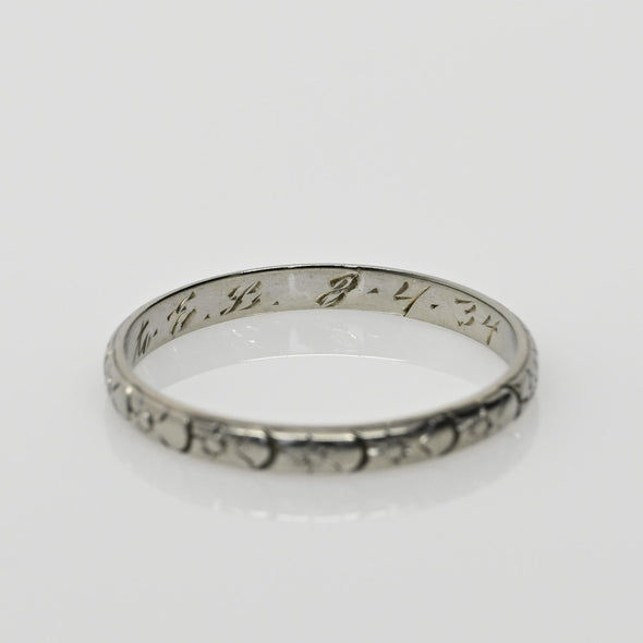 Dated 2-4-34 Floral Patterned Antique 18K White Gold Wedding Band