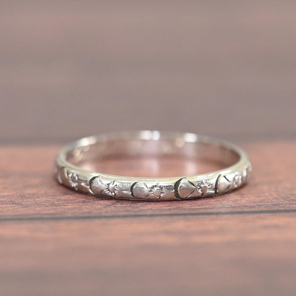 Dated 2-4-34 Floral Patterned Antique 18K White Gold Wedding Band