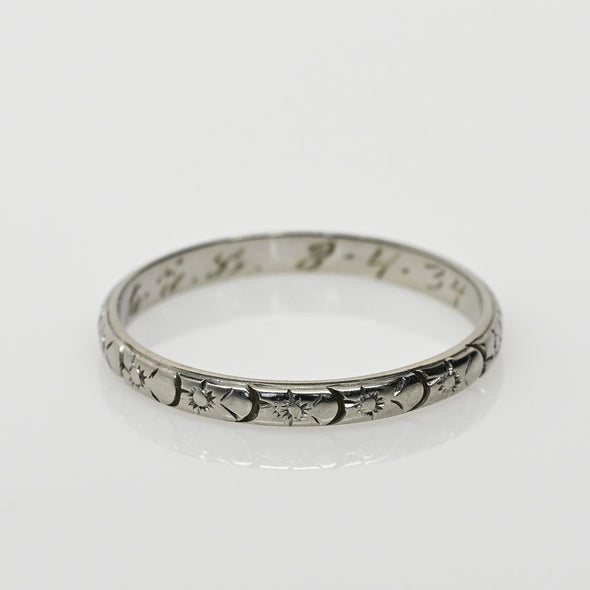 Dated 2-4-34 Floral Patterned Antique 18K White Gold Wedding Band