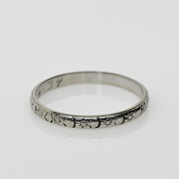 Dated 2-4-34 Floral Patterned Antique 18K White Gold Wedding Band