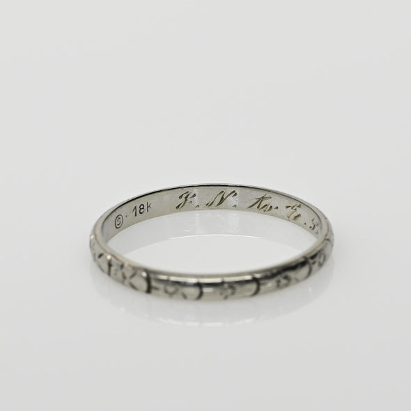 Dated 2-4-34 Floral Patterned Antique 18K White Gold Wedding Band