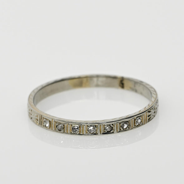 Circa 1920's Art Deco Single Cut Diamond Partial Eternity Floral Engraved Band