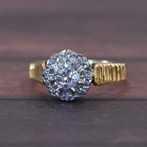 0.79ct D VS Old Cut Diamond Halo 18K Gold Zig Zag Cluster Ring w GIA