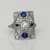 Art Deco Platinum Old European Cut Diamond & Sapphire Filigree Ring