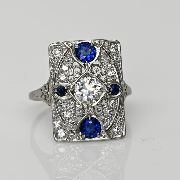 Art Deco Platinum Old European Cut Diamond & Sapphire Filigree Ring