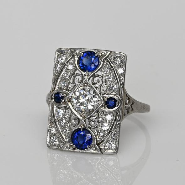 Art Deco Platinum Old European Cut Diamond & Sapphire Filigree Ring