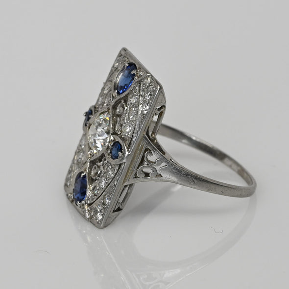 Art Deco Platinum Old European Cut Diamond & Sapphire Filigree Ring