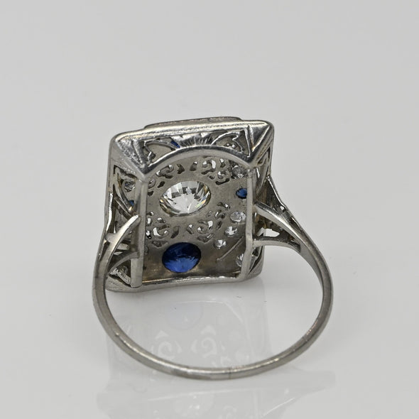 Art Deco Platinum Old European Cut Diamond & Sapphire Filigree Ring