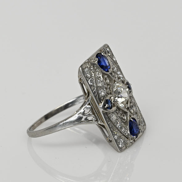Art Deco Platinum Old European Cut Diamond & Sapphire Filigree Ring