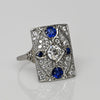Art Deco Platinum Old European Cut Diamond & Sapphire Filigree Ring