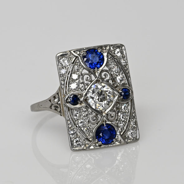 Art Deco Platinum Old European Cut Diamond & Sapphire Filigree Ring