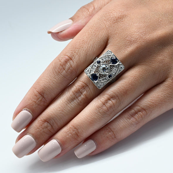 Art Deco Platinum Old European Cut Diamond & Sapphire Filigree Ring
