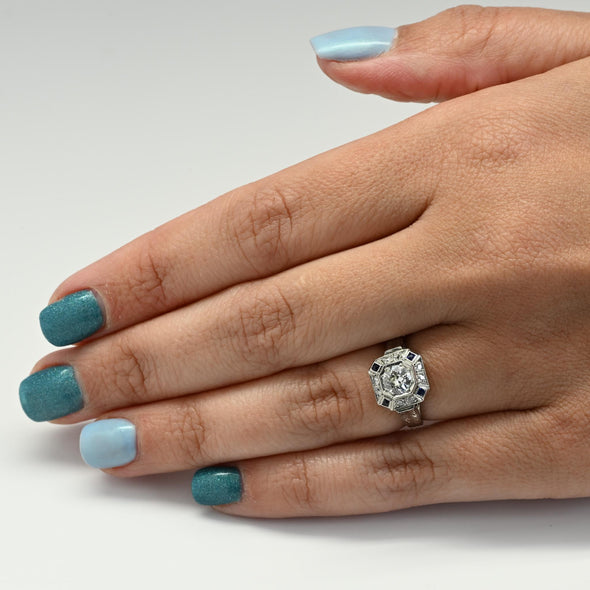 Platinum Art Deco Old European Cut Diamond & Sapphire Octagonal Ring