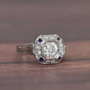 Platinum Art Deco Old European Cut Diamond & Sapphire Octagonal Ring
