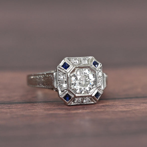 Platinum Art Deco Old European Cut Diamond & Sapphire Octagonal Ring
