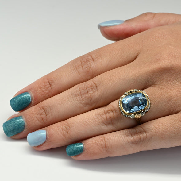 Art Deco Blue Spinel Cushion-Cut Pearl Border 14k Gold Statement Ring