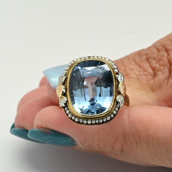 Art Deco Blue Spinel Cushion-Cut Pearl Border 14k Gold Statement Ring