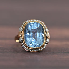 Art Deco Blue Spinel Cushion-Cut Pearl Border 14k Gold Statement Ring
