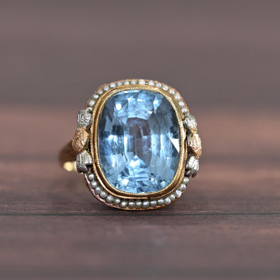 Art Deco Blue Spinel Cushion-Cut Pearl Border 14k Gold Statement Ring