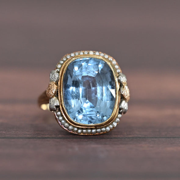 Art Deco Blue Spinel Cushion-Cut Pearl Border 14k Gold Statement Ring