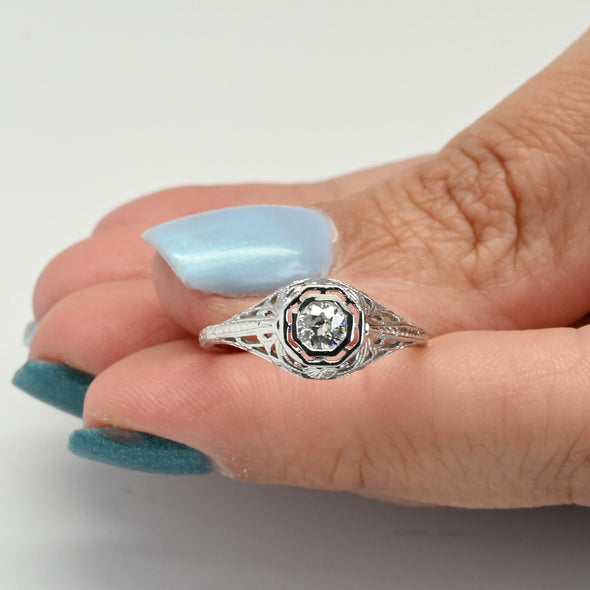 Antique 18K White Gold Filigree Diamond Ring with Octagonal Bezel Setting