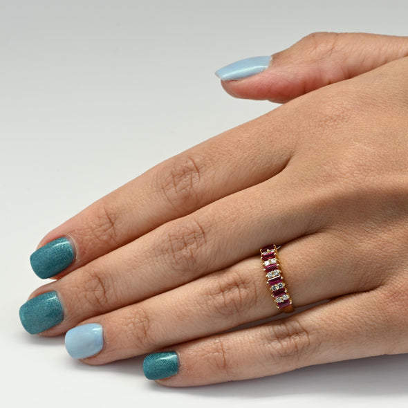 Ruby and Diamond Alternating Gemstone Band 14k Gold Ring