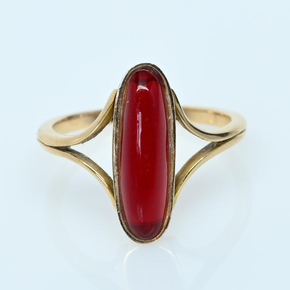 Vintage Ruby Bezel Set Long Oval Split Shank 18k Gold Ring