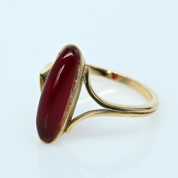 Vintage Ruby Bezel Set Long Oval Split Shank 18k Gold Ring