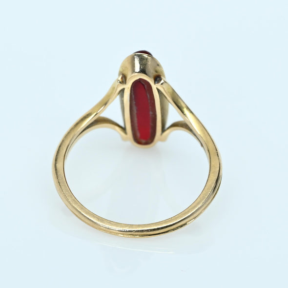 Vintage Ruby Bezel Set Long Oval Split Shank 18k Gold Ring