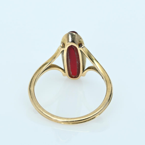 Vintage Ruby Bezel Set Long Oval Split Shank 18k Gold Ring