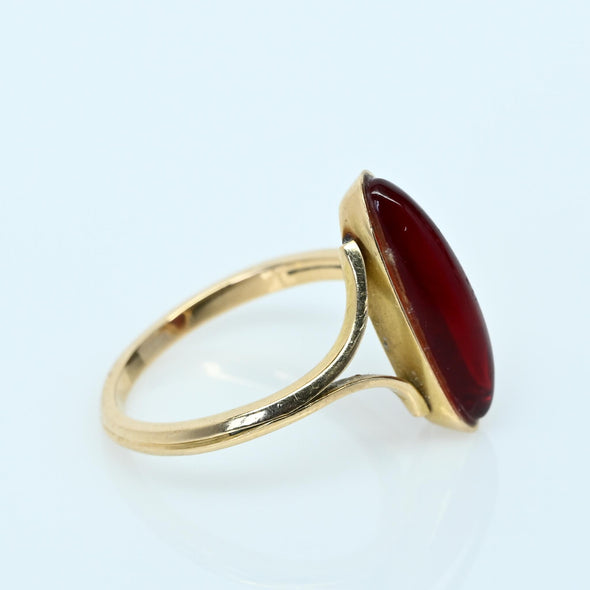 Vintage Ruby Bezel Set Long Oval Split Shank 18k Gold Ring