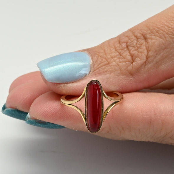 Vintage Ruby Bezel Set Long Oval Split Shank 18k Gold Ring