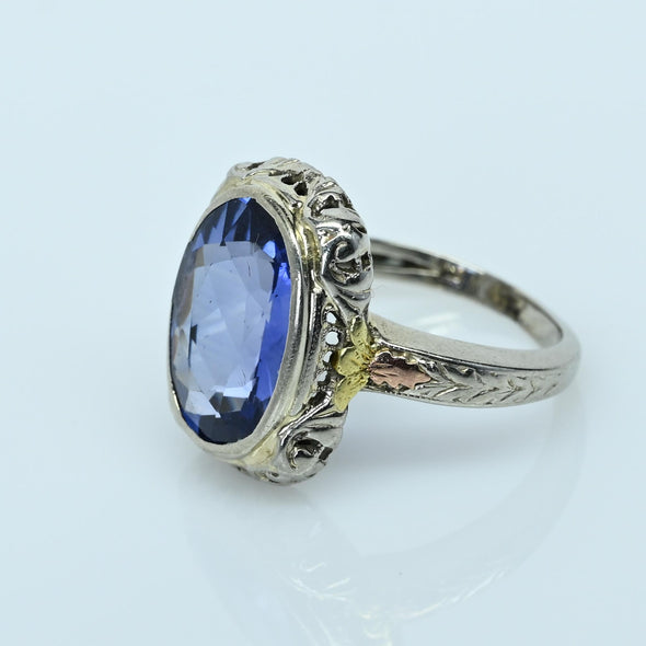 Art Deco 5.2ct Blue Sapphire Oval Tri Color 14k White Gold Filigree Ring