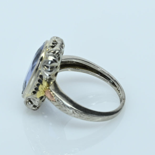 Art Deco 5.2ct Blue Sapphire Oval Tri Color 14k White Gold Filigree Ring