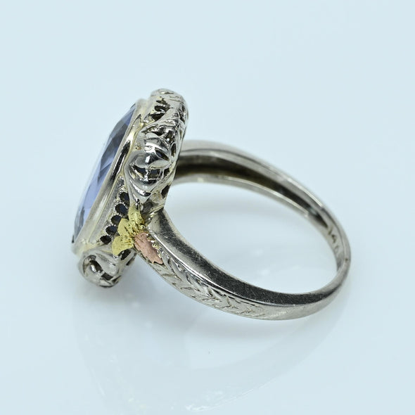 Art Deco 5.2ct Blue Sapphire Oval Tri Color 14k White Gold Filigree Ring