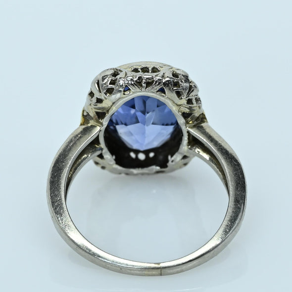 Art Deco 5.2ct Blue Sapphire Oval Tri Color 14k White Gold Filigree Ring