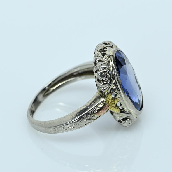 Art Deco 5.2ct Blue Sapphire Oval Tri Color 14k White Gold Filigree Ring