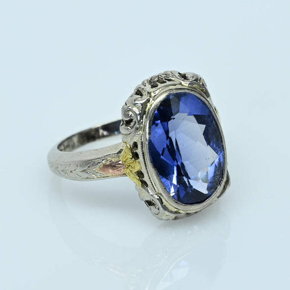 Art Deco 5.2ct Blue Sapphire Oval Tri Color 14k White Gold Filigree Ring