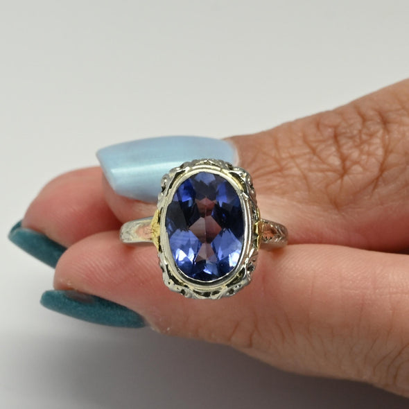 Art Deco 5.2ct Blue Sapphire Oval Tri Color 14k White Gold Filigree Ring