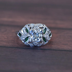 Art Deco Old European Cut Diamond and Emerald Platinum Engagement Ring