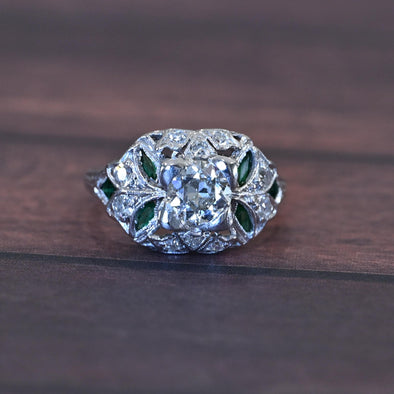 Art Deco Old European Cut Diamond and Emerald Platinum Engagement Ring