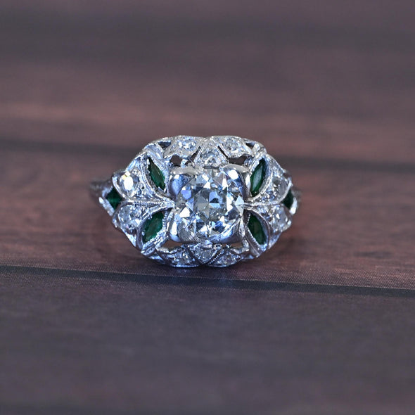 Art Deco Old European Cut Diamond and Emerald Platinum Engagement Ring