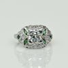 Art Deco Old European Cut Diamond and Emerald Platinum Engagement Ring