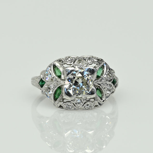 Art Deco Old European Cut Diamond and Emerald Platinum Engagement Ring